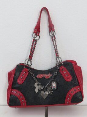 Ed Hardy Love Hearts Skull Roses Studded Satchel Handbag Silver Black Vegan Tote
